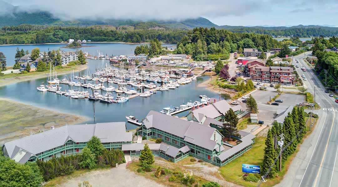 Aerial view of the Canadian Princess Lodge in Ucluelet, BC
