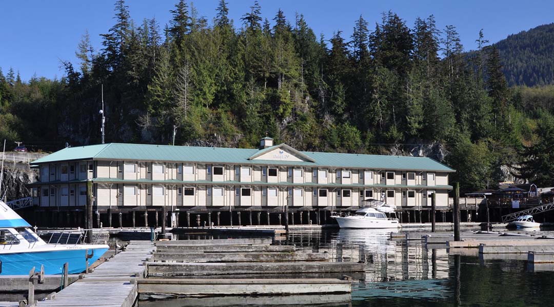 The exterior of the Telegraph Cove Resort Dockside Condos