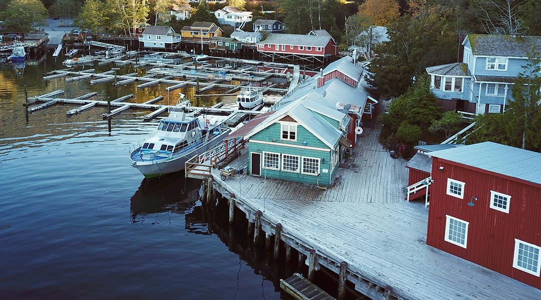 Aerial view of the marina near Telegraph Cove Resort Dockside Condos