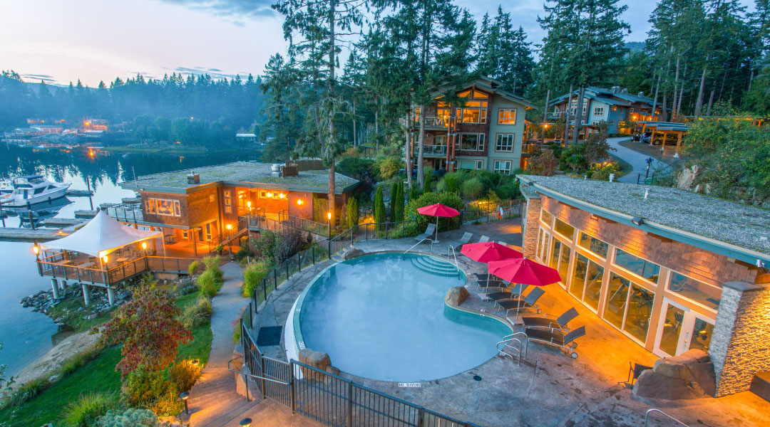 Aerial view of the pool at Painted Boat Resort Spa and Marina on the Sunshine Coast