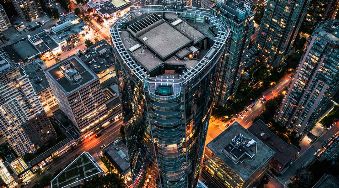Aerial view of the Paradox Vancouver Hotel at night