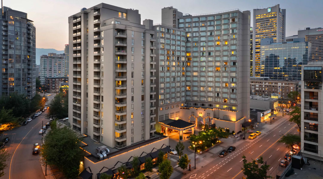 View of Sutton Place Hotel from outside on Robson Street in Vancouver