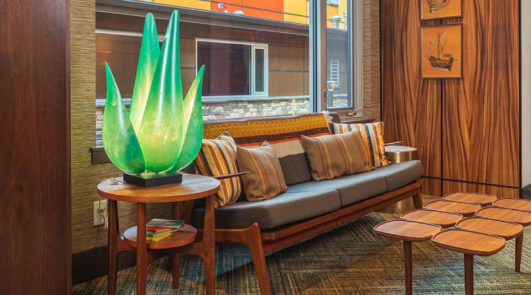 Retro lobby alternative view inside the Hotel Zed Tofino