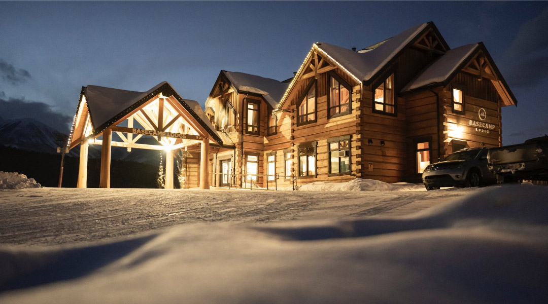 Exterior of Lodge in winter at night