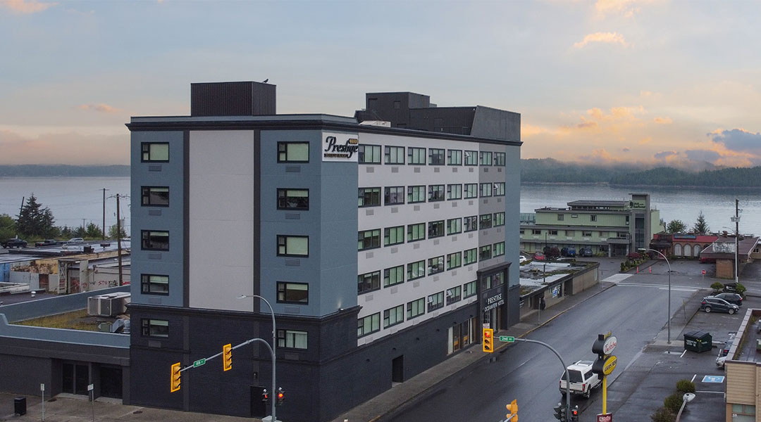 Exterior of the Prestige Oceanview Hotel with view of Prince Rupert