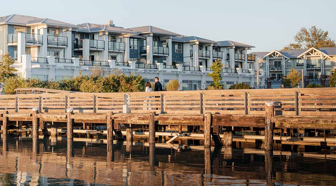 Steveston Waterfront Hotel exterior with wooden boardwalk and waterfront views