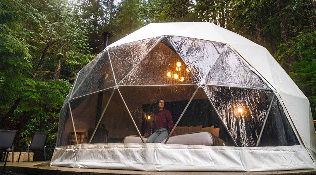 Exterior view of a transparent dome in a forest setting