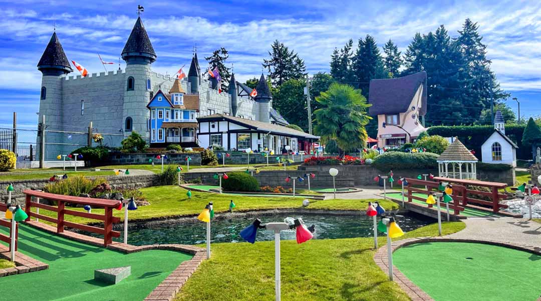 Mini golf course with bridges and waterways