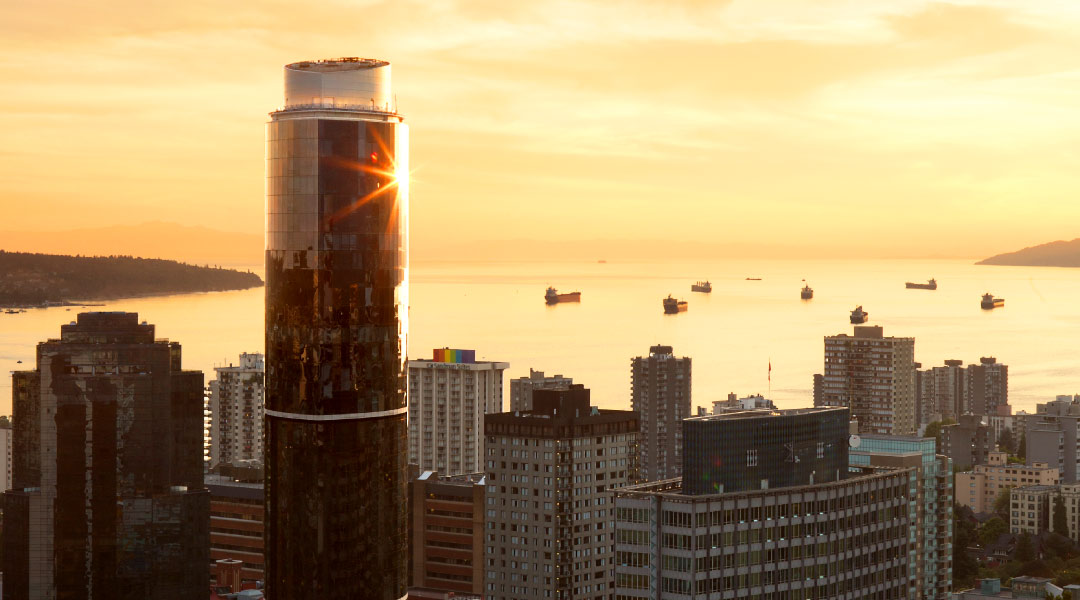 Sunset view of Sheraton Wall Centre in Downtown Vancouver
