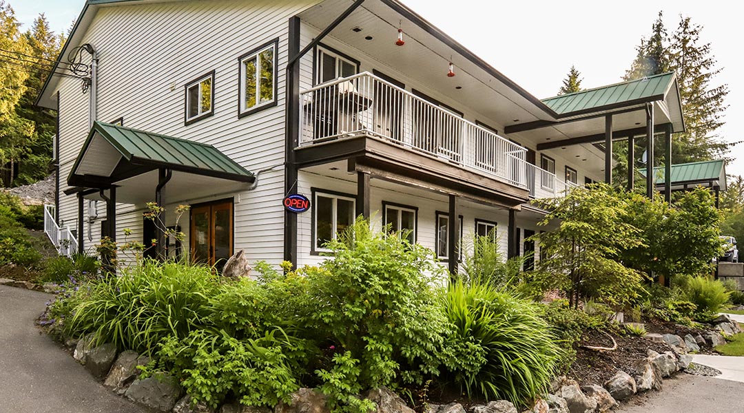 The front entrance of the West Coast Trail Lodge in Port Renfrew