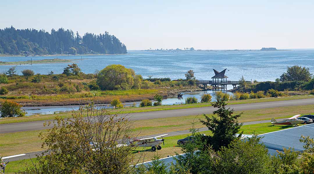 View from hotel overlooking field and ocean