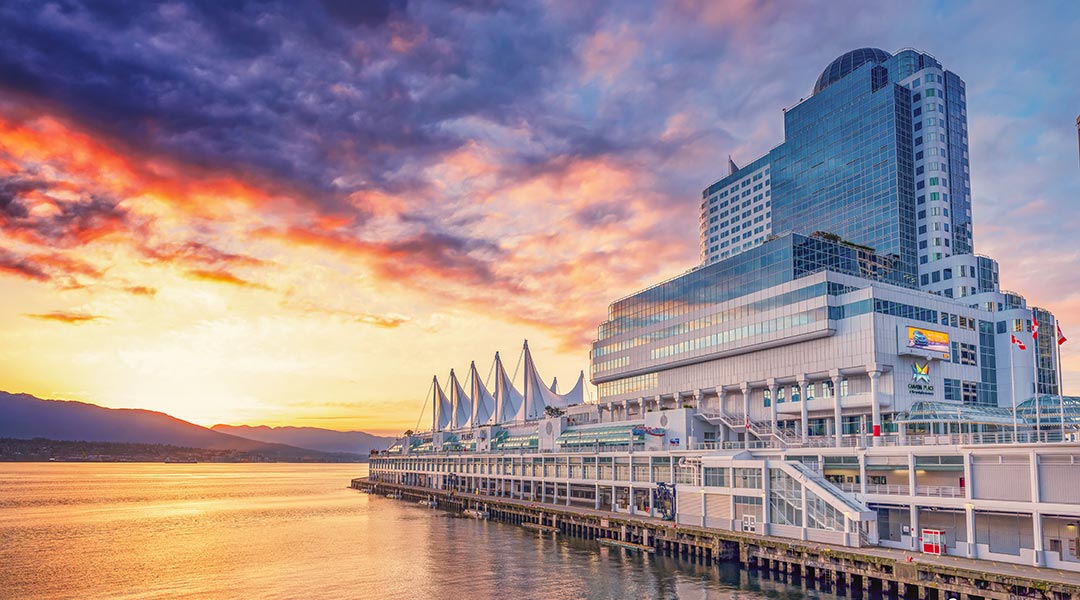 Sunset outside of the Pan Pacific Hotel in Vancouver
