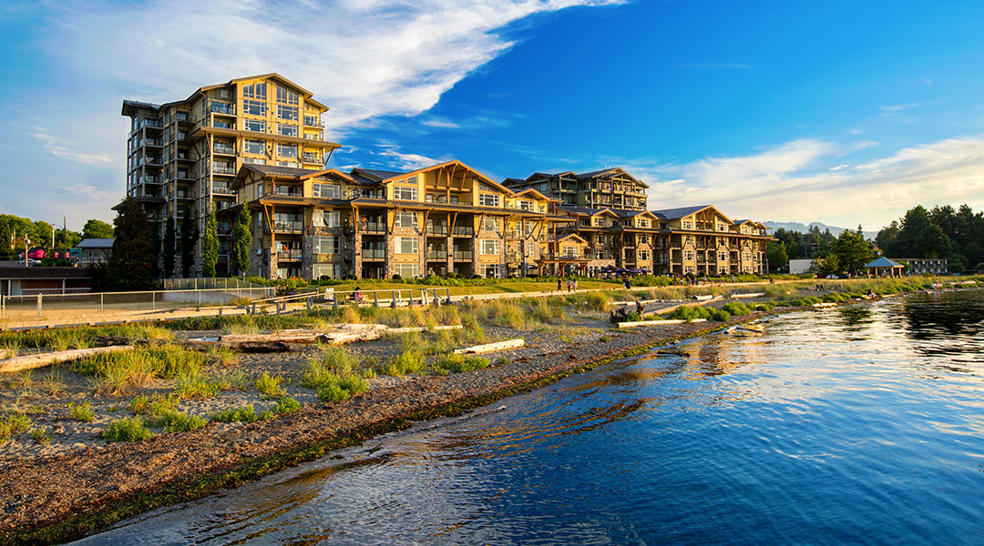 The exterior entrance of The Beach Club Resort by the ocean in Parksville Vancouver Island