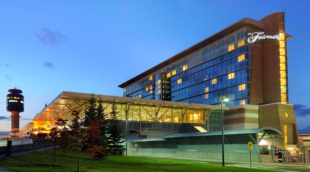 The exterior building of the Fairmont Vancouver Airport hotel near YVR in Richmond