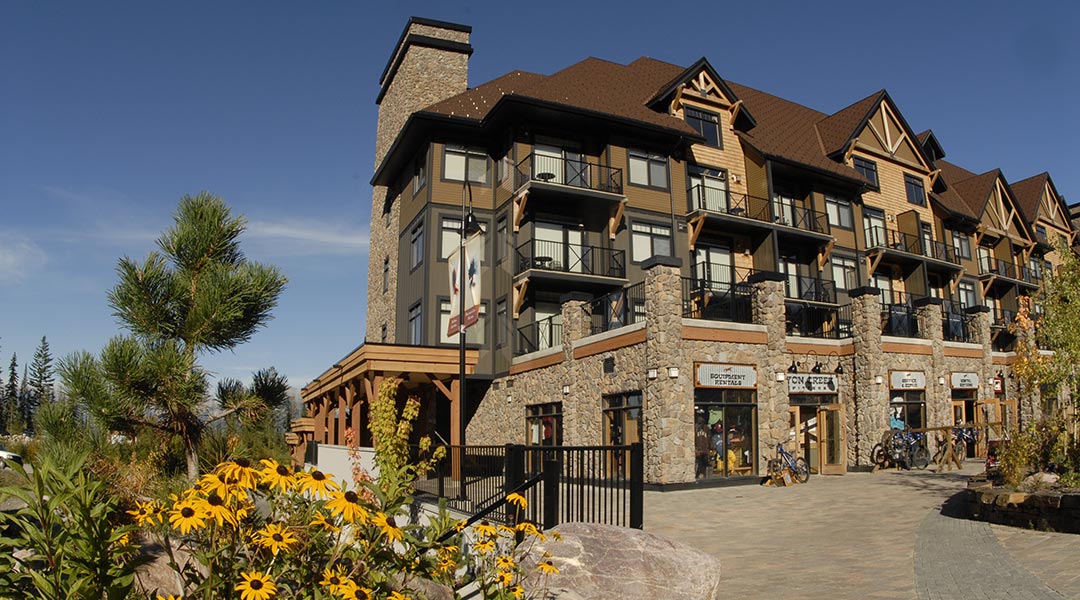 The exterior side building of the Glacier Mountaineer Lodge near Kicking Horse Mountain Resort in Golden