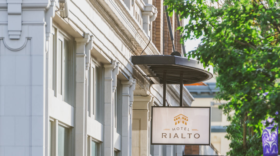 Hotel Rialto Sign from the Street in Victoria
