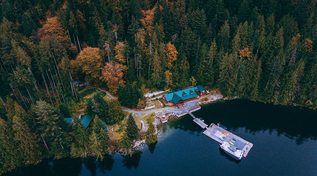 Aerial view of the Klahoose Wilderness Resort in the Desolation Sound