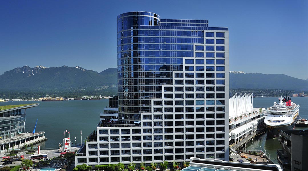 The exterior building of the Fairmont Waterfront near the harbour in Downtown Vancouver