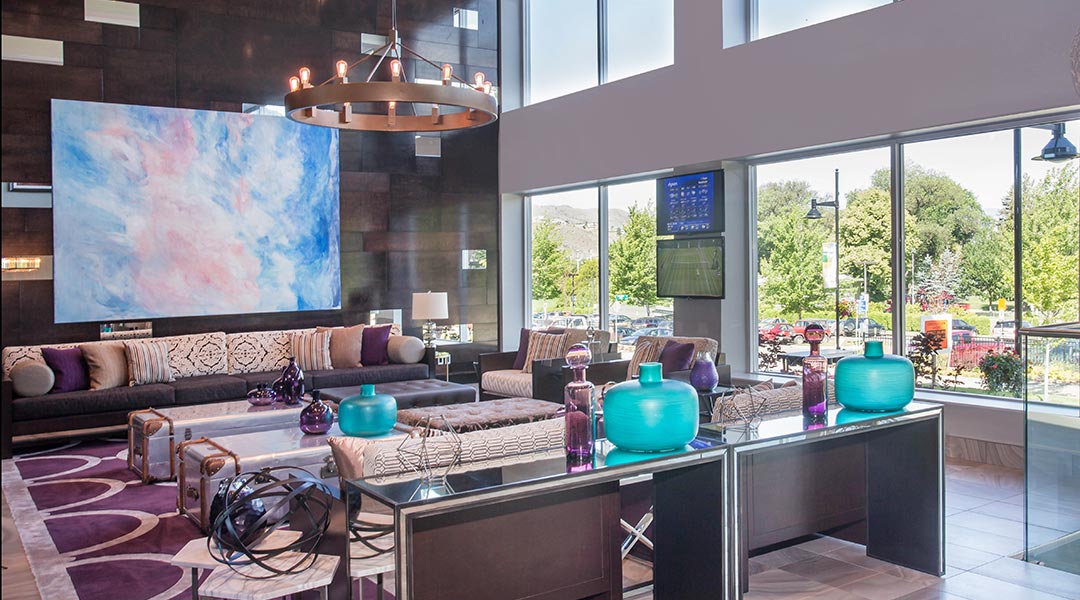 The indoor lobby area at the Sandman Signature Kamloops Hotel