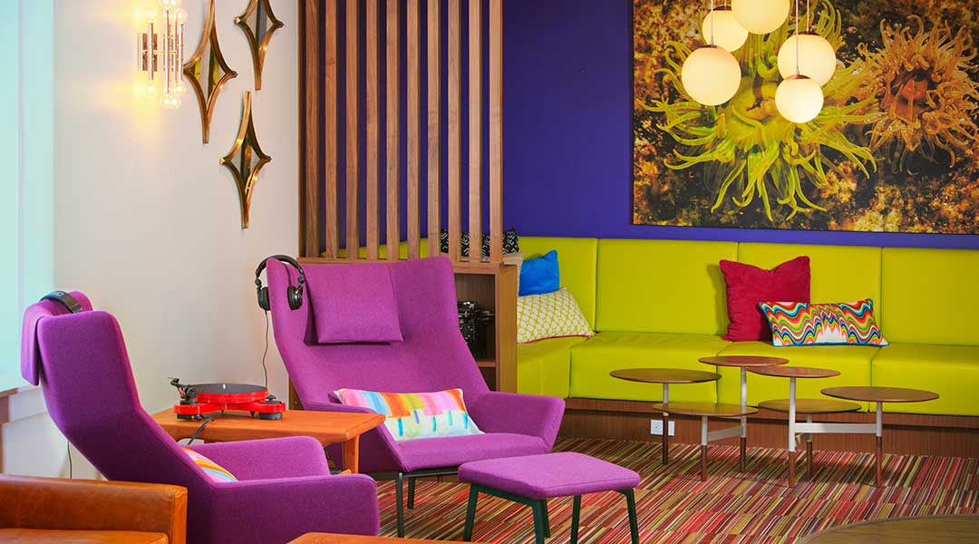 Lobby of Hotel Zed Victoria with vinyl station and seating