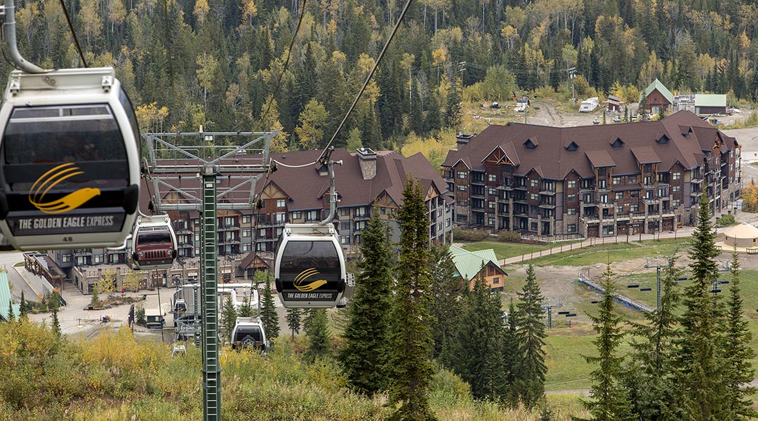The Golden Eagle Express chairlift near the Glacier Mountaineer Lodge going to Kicking Horse Mountain Resort in Golden