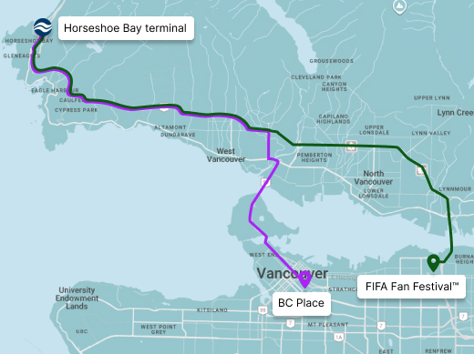 Map from Horseshoe Bay Terminal to BC Place and PNE