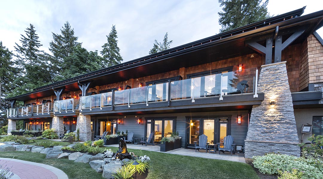 The exterior of the Ocean Courtyard building at the Kingfisher Oceanfront Resort in Courtenay BC