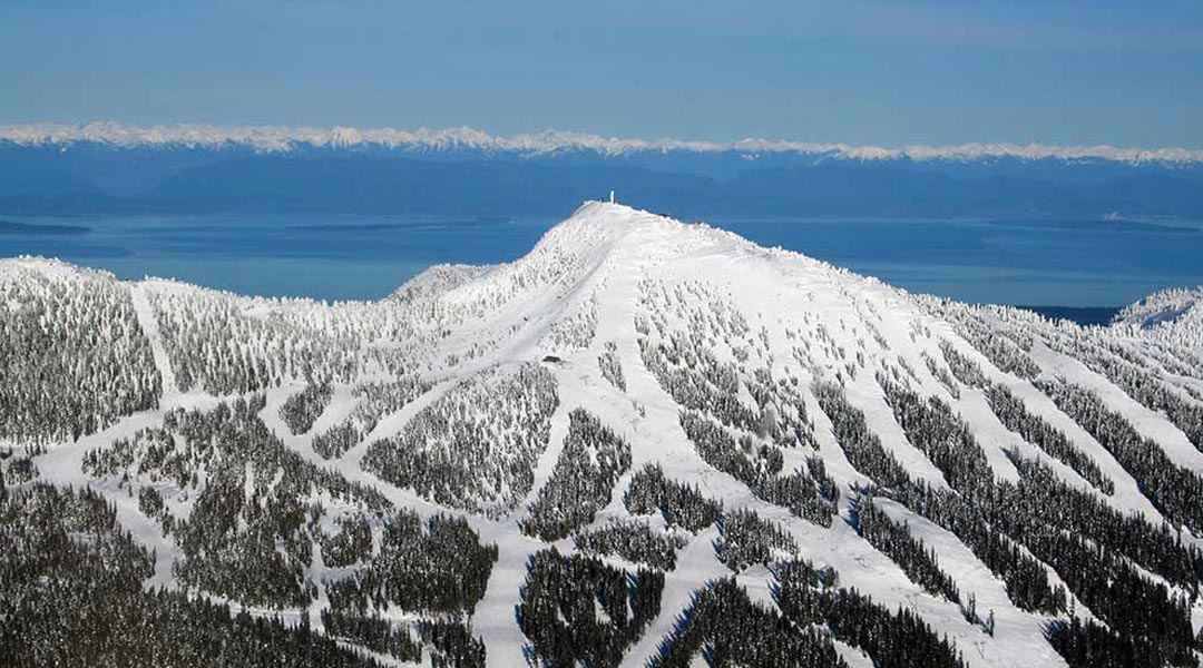 Aerial view of Mount Washington ski hill in the winter on Vancouver Island