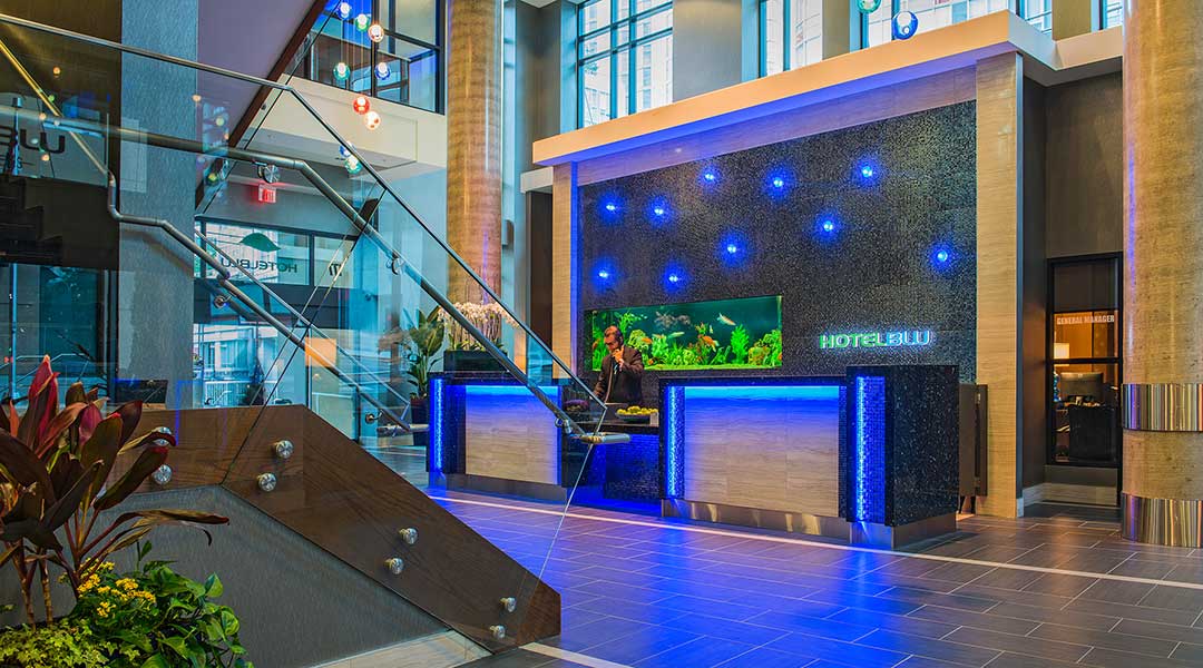 The interior lobby of the Hotel BLU Vancouver in Metro Vancouver