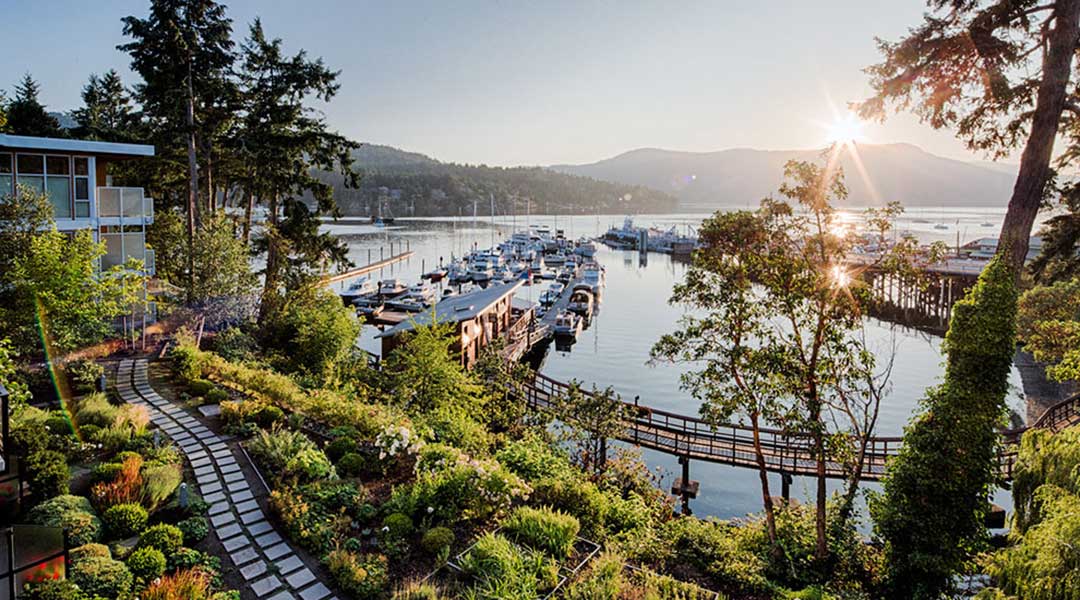 Pathway at Brentwood Bay Resort and Spa next to boats docked at a marina on Vancouver Island