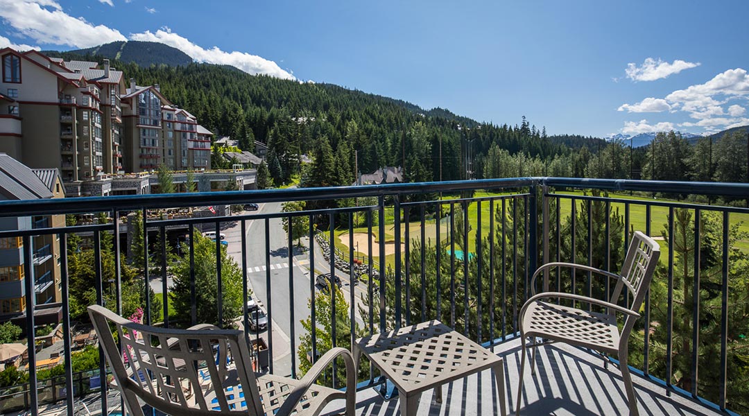 The view of the mountains and neighbouring buildings from the patio at the the Hilton Whistler Resort and Spa