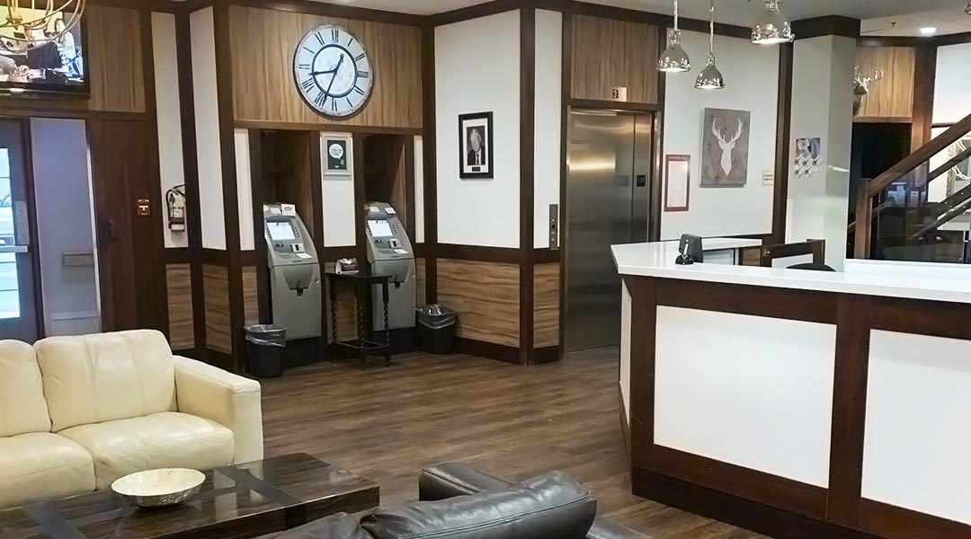 The interior lobby and front desk of the Billy Barker Casino Hotel in Quesnel