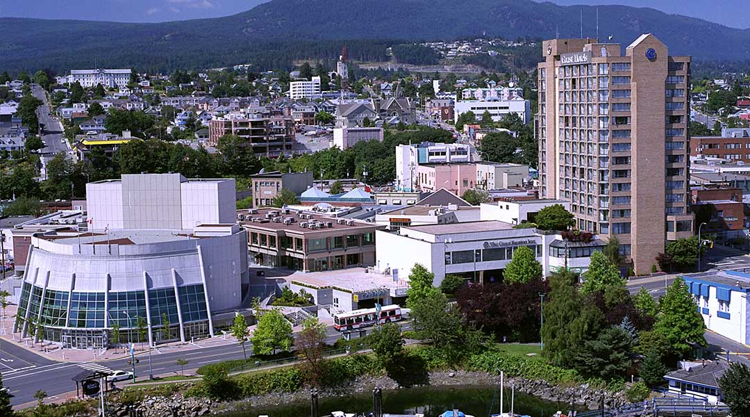 Aerial view of the Coast Bastion Hotel building and the city in Nanaimo on Vancouver Island