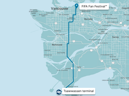 Map from Tsawwassen terminal to PNE