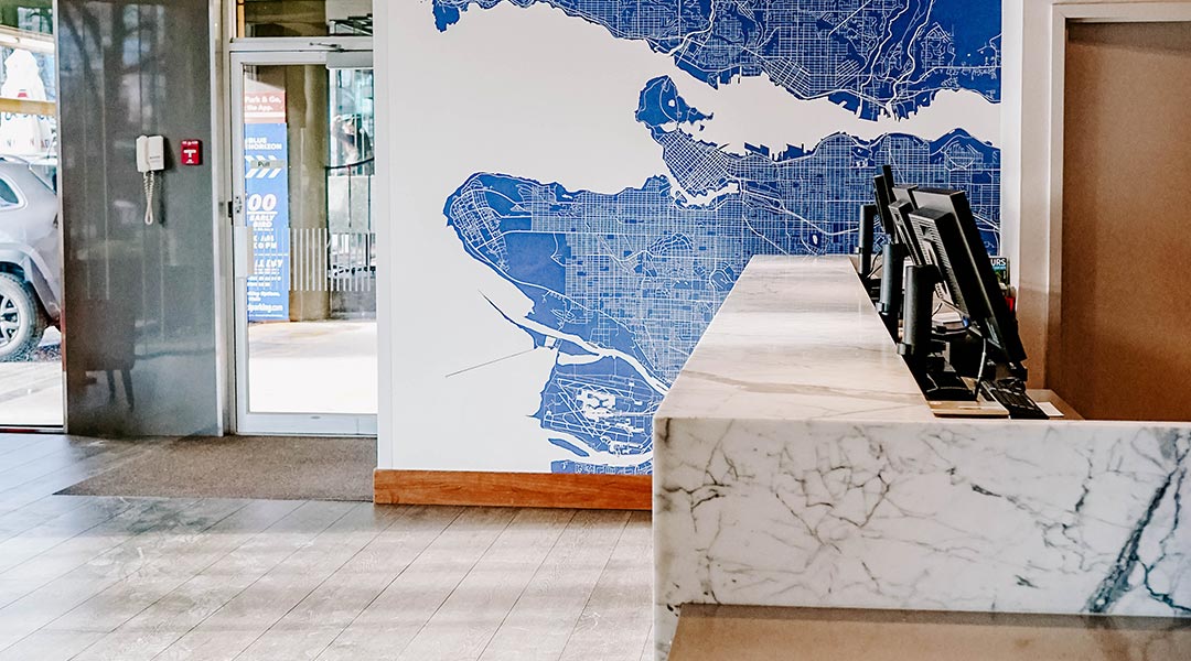 The interior lobby  at the Blue Horizon Hotel in Vancouver.