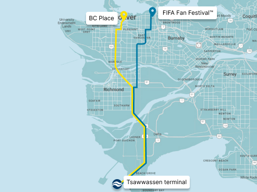 Map from Tsawwassen terminal to BC Place and PNE