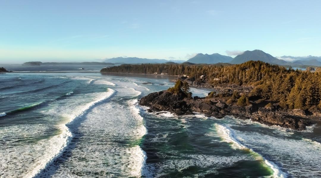 View of Cox Bay and beach below near Long Beach Lodge Resort in Tofino