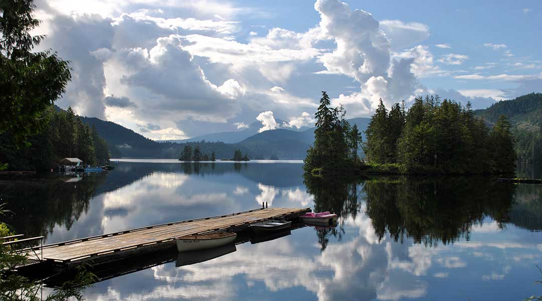Dock and lake at Ruby Lake Resort in Madeira Park on the Sunshine Coast