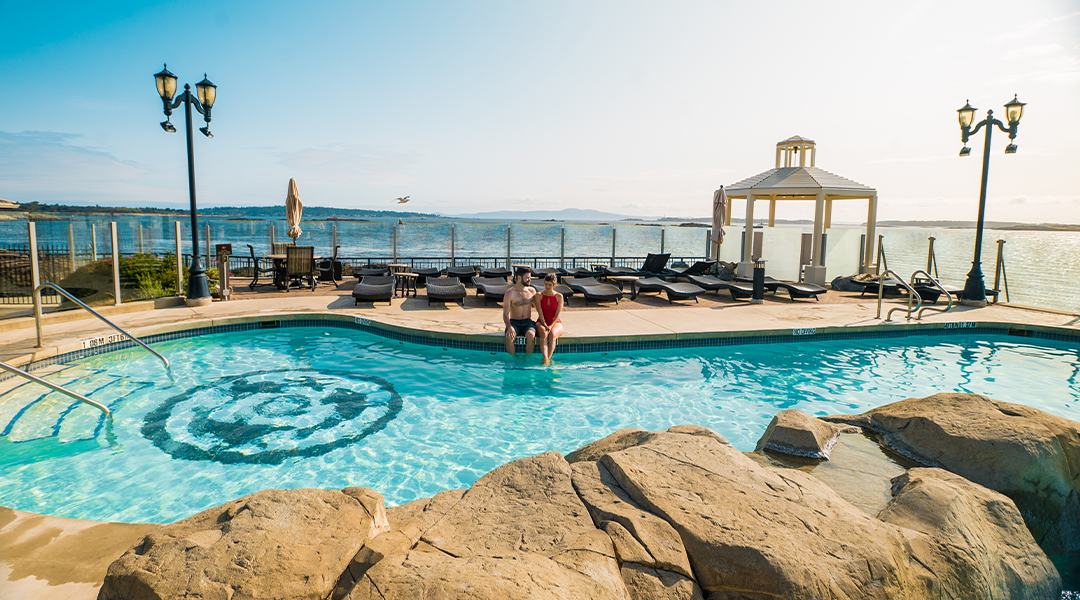 Outdoor spa with multiple pools and hot tubs at Oak Bay Beach Hotel in Victoria BC
